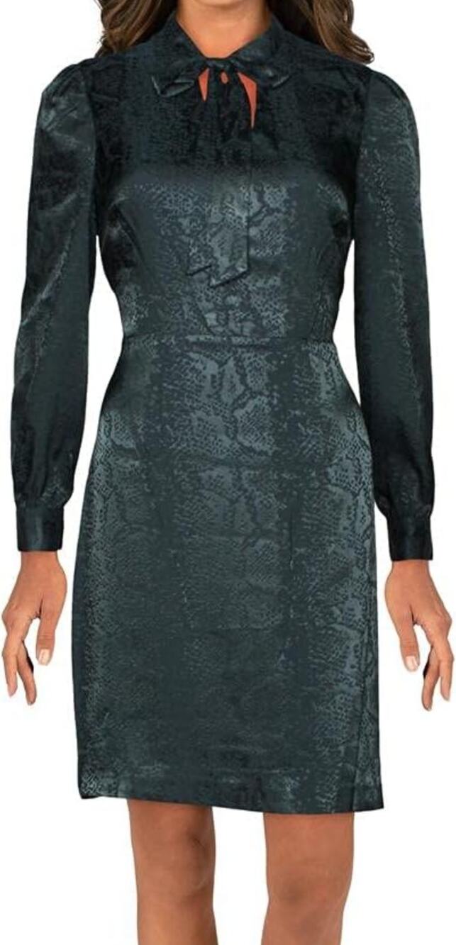 Betsey Johnson Hunter Green Snake Print Long Sleeve Tie Front Shirt Dress Size 4